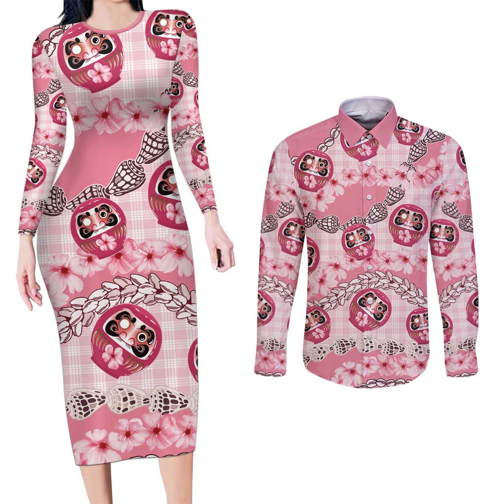 Japanese Daruma Doll Palaka Couples Matching Long Sleeve Bodycon Dress and Long Sleeve Button Shirt Cherry Blossoms With Shell Lei - Polynesian Pride
