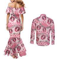 Japanese Daruma Doll Palaka Couples Matching Mermaid Dress and Long Sleeve Button Shirt Cherry Blossoms With Shell Lei LT14 - Polynesian Pride