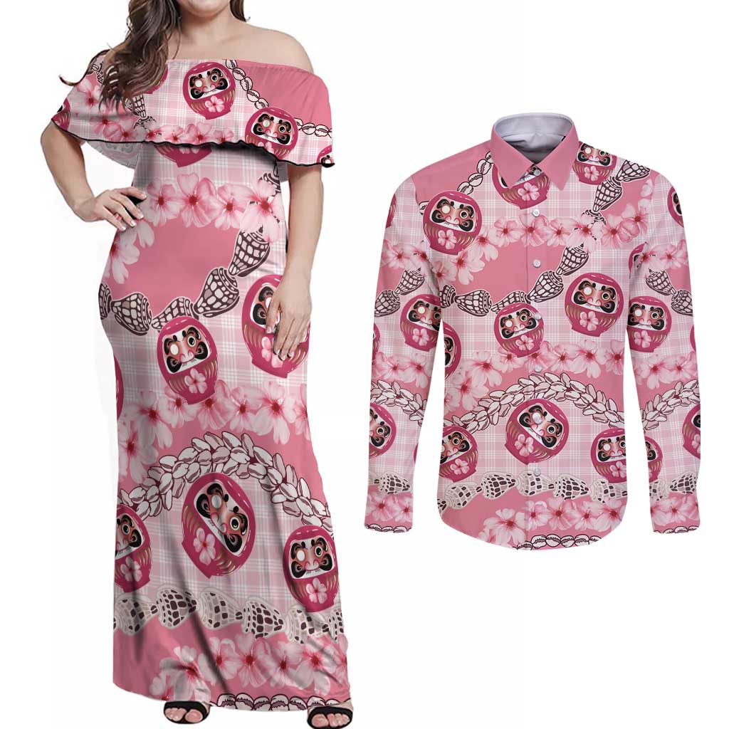 Japanese Daruma Doll Palaka Couples Matching Off Shoulder Maxi Dress and Long Sleeve Button Shirt Cherry Blossoms With Shell Lei - Polynesian Pride