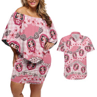 Japanese Daruma Doll Palaka Couples Matching Off Shoulder Short Dress and Hawaiian Shirt Cherry Blossoms With Shell Lei - Polynesian Pride