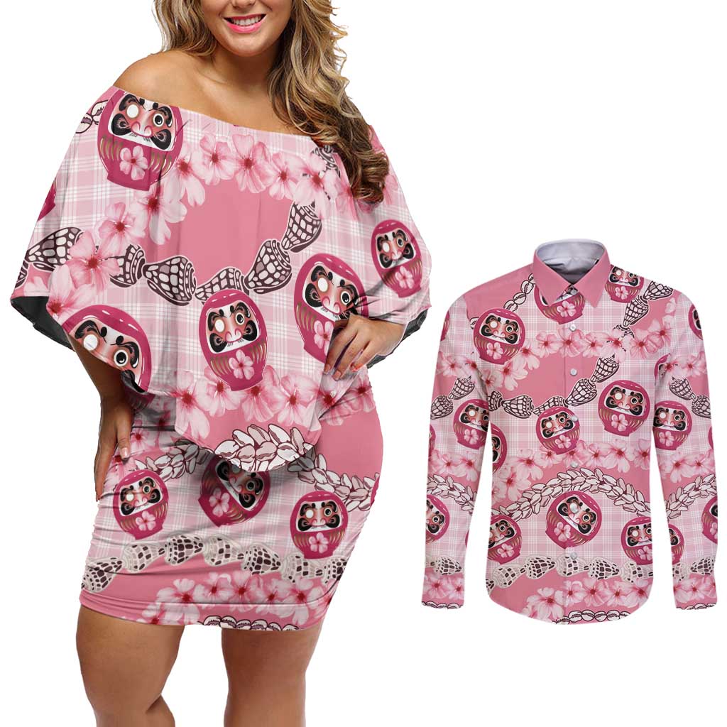 Japanese Daruma Doll Palaka Couples Matching Off Shoulder Short Dress and Long Sleeve Button Shirt Cherry Blossoms With Shell Lei - Polynesian Pride