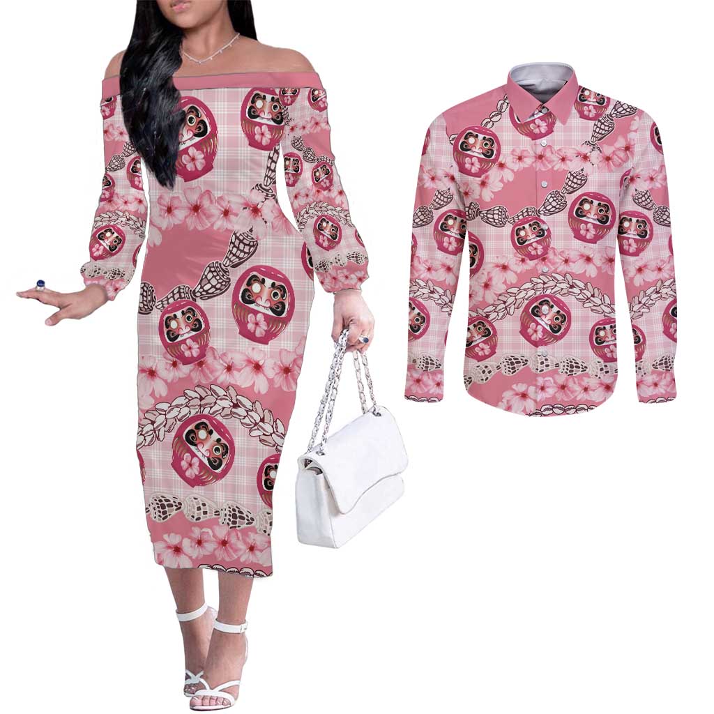 Japanese Daruma Doll Palaka Couples Matching Off The Shoulder Long Sleeve Dress and Long Sleeve Button Shirt Cherry Blossoms With Shell Lei - Polynesian Pride