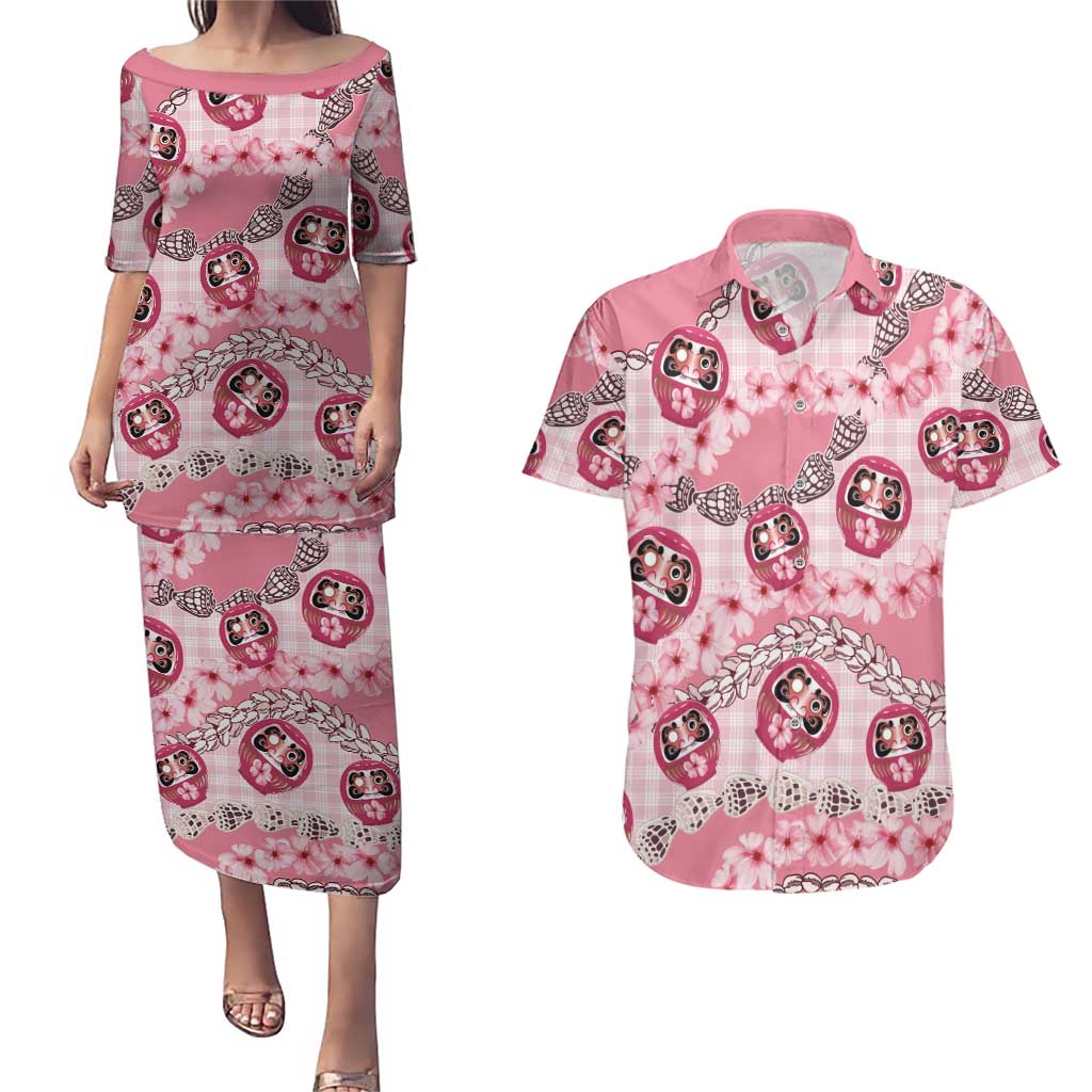 Japanese Daruma Doll Palaka Couples Matching Puletasi and Hawaiian Shirt Cherry Blossoms With Shell Lei - Polynesian Pride