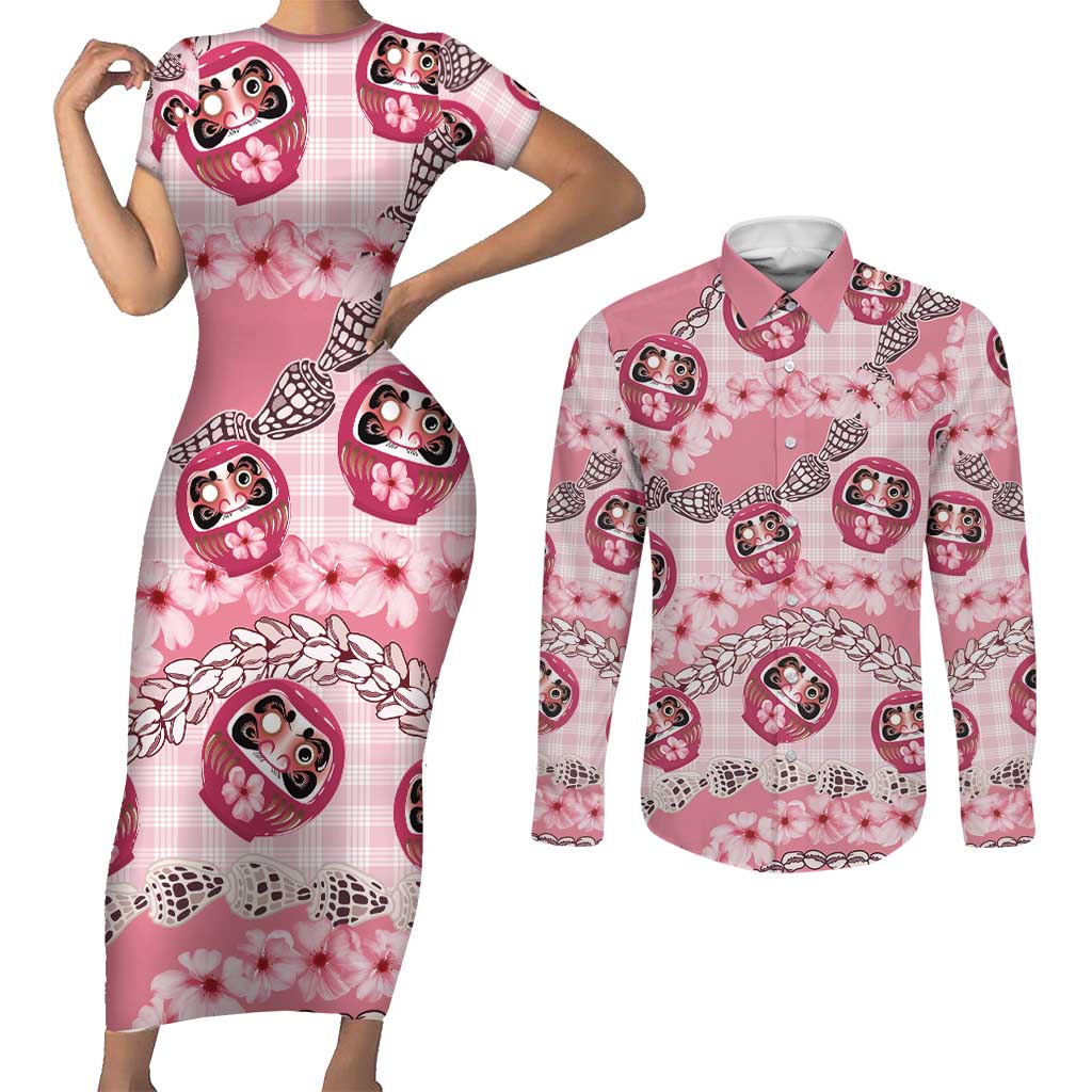 Japanese Daruma Doll Palaka Couples Matching Short Sleeve Bodycon Dress and Long Sleeve Button Shirt Cherry Blossoms With Shell Lei - Polynesian Pride