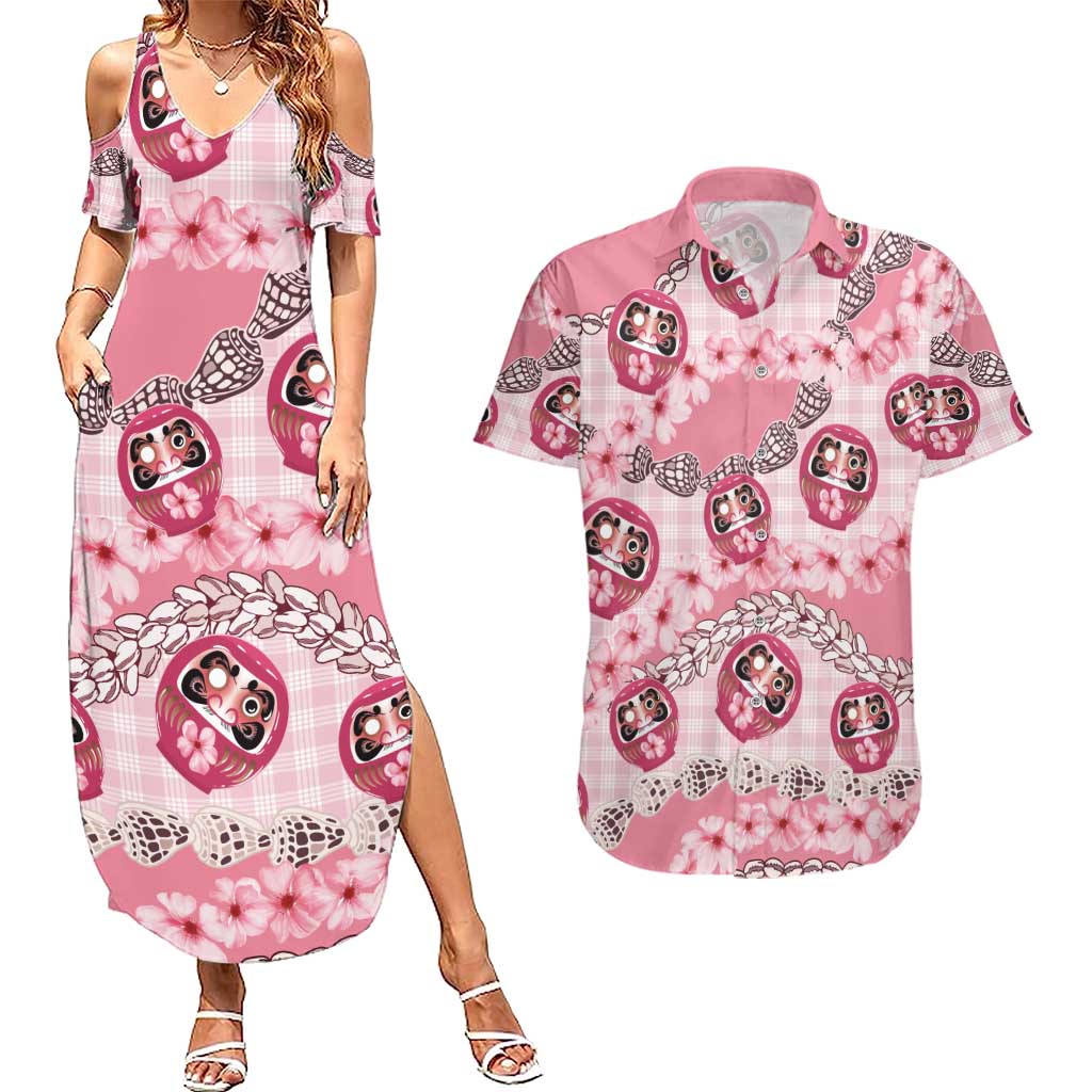 Japanese Daruma Doll Palaka Couples Matching Summer Maxi Dress and Hawaiian Shirt Cherry Blossoms With Shell Lei - Polynesian Pride