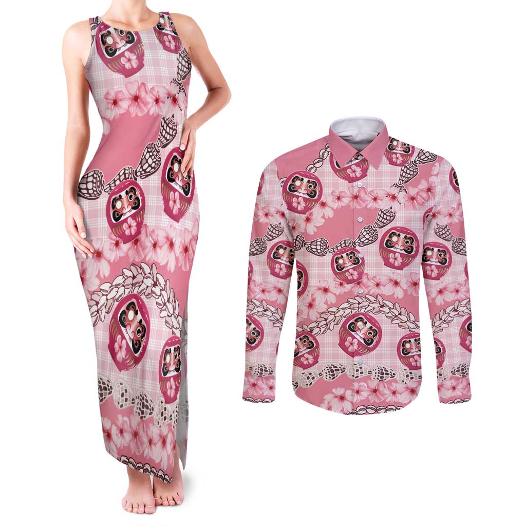 Japanese Daruma Doll Palaka Couples Matching Tank Maxi Dress and Long Sleeve Button Shirt Cherry Blossoms With Shell Lei LT14 Pink - Polynesian Pride