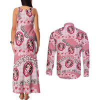 Japanese Daruma Doll Palaka Couples Matching Tank Maxi Dress and Long Sleeve Button Shirt Cherry Blossoms With Shell Lei LT14 - Polynesian Pride