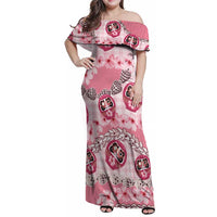 Japanese Daruma Doll Palaka Family Matching Off Shoulder Maxi Dress and Hawaiian Shirt Cherry Blossoms With Shell Lei - Polynesian Pride