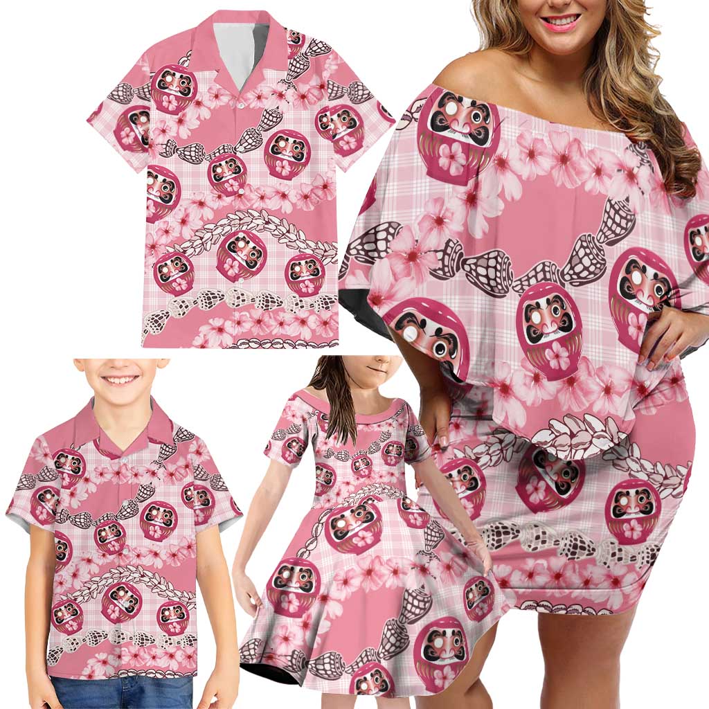 Japanese Daruma Doll Palaka Family Matching Off Shoulder Short Dress and Hawaiian Shirt Cherry Blossoms With Shell Lei - Polynesian Pride