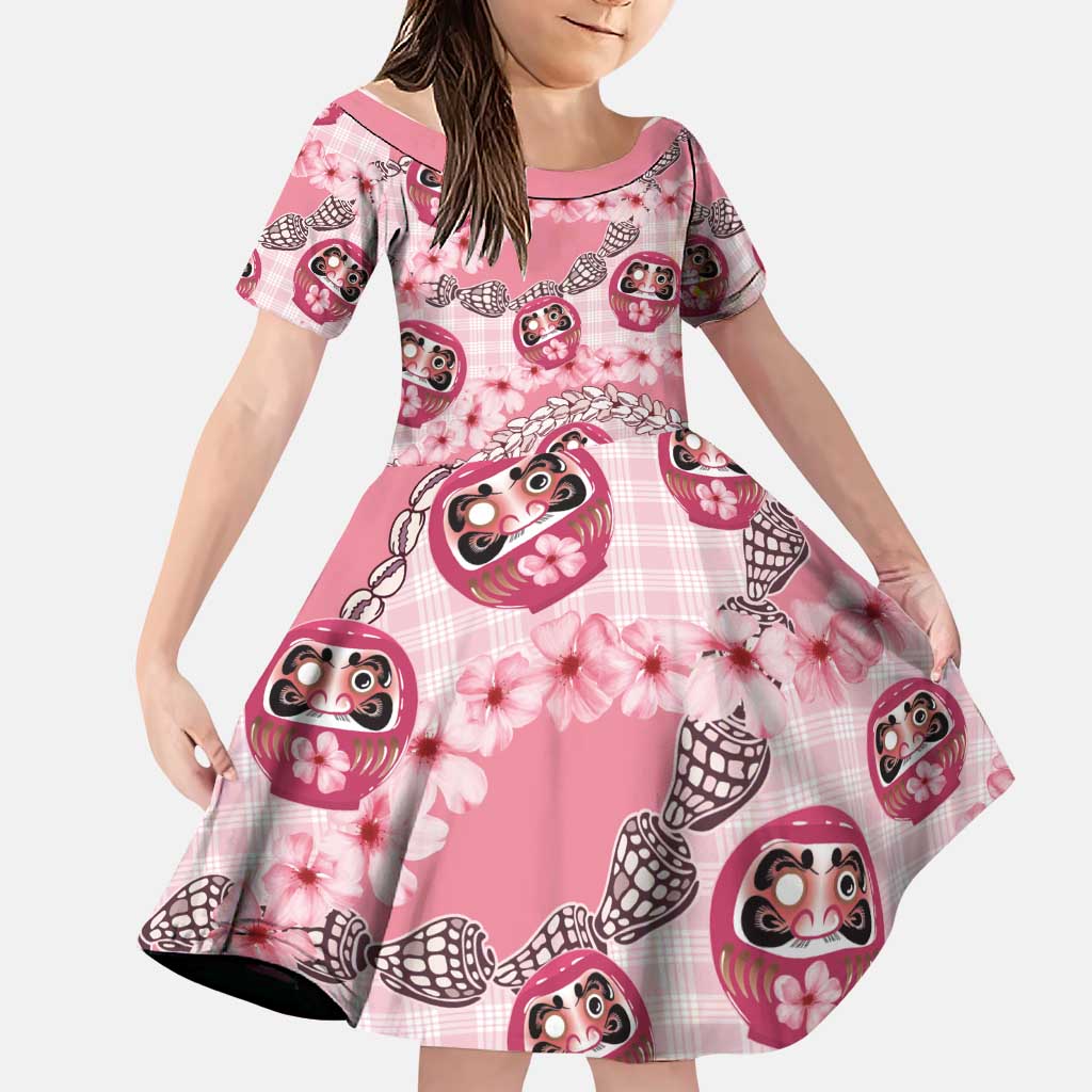 Japanese Daruma Doll Palaka Family Matching Puletasi and Hawaiian Shirt Cherry Blossoms With Shell Lei LT14 Daughter's Dress Pink - Polynesian Pride