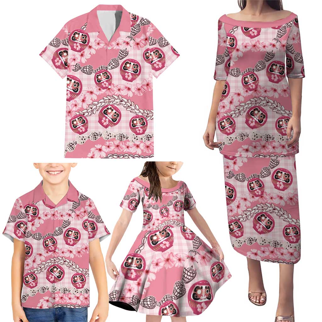 Japanese Daruma Doll Palaka Family Matching Puletasi and Hawaiian Shirt Cherry Blossoms With Shell Lei LT14 - Polynesian Pride