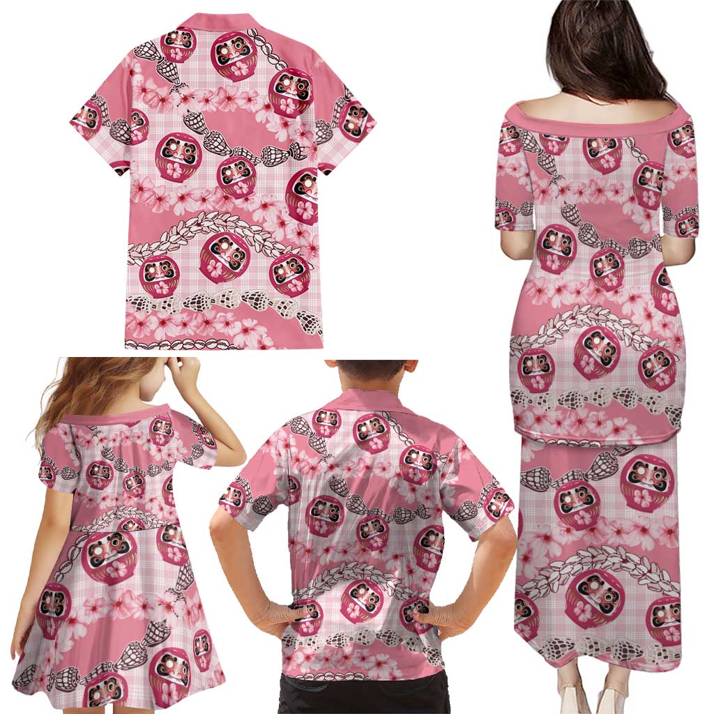 Japanese Daruma Doll Palaka Family Matching Puletasi and Hawaiian Shirt Cherry Blossoms With Shell Lei LT14 - Polynesian Pride
