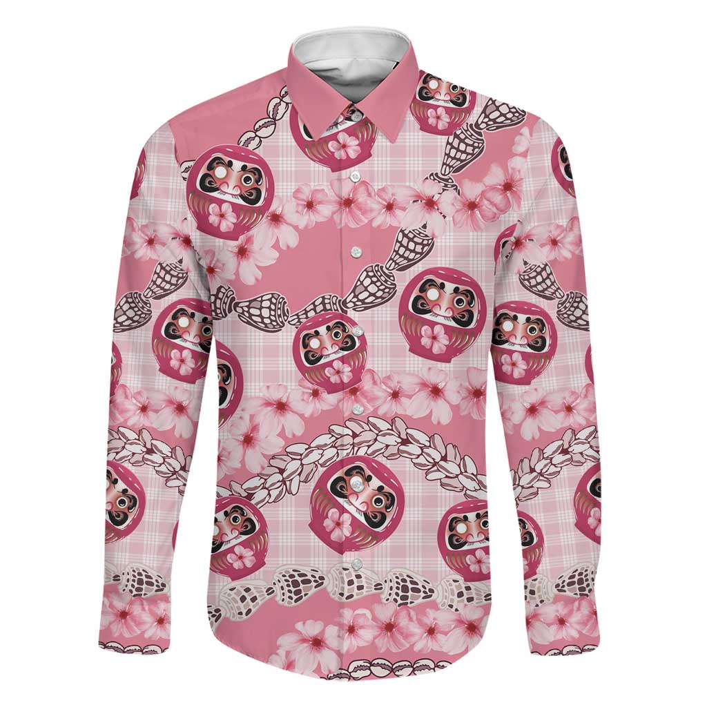 Japanese Daruma Doll Palaka Family Matching Puletasi and Hawaiian Shirt Cherry Blossoms With Shell Lei LT14 Dad's Shirt - Long Sleeve Pink - Polynesian Pride