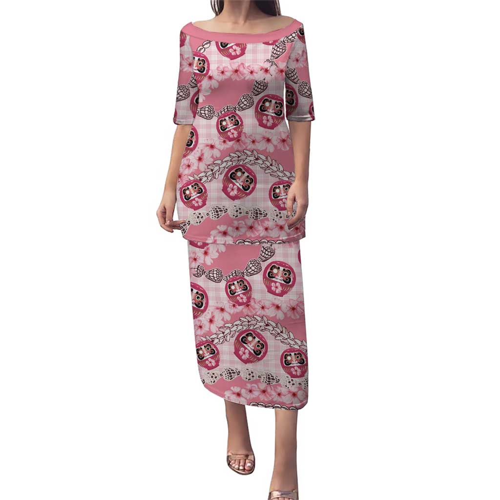 Japanese Daruma Doll Palaka Family Matching Puletasi and Hawaiian Shirt Cherry Blossoms With Shell Lei LT14 Mom's Dress Pink - Polynesian Pride