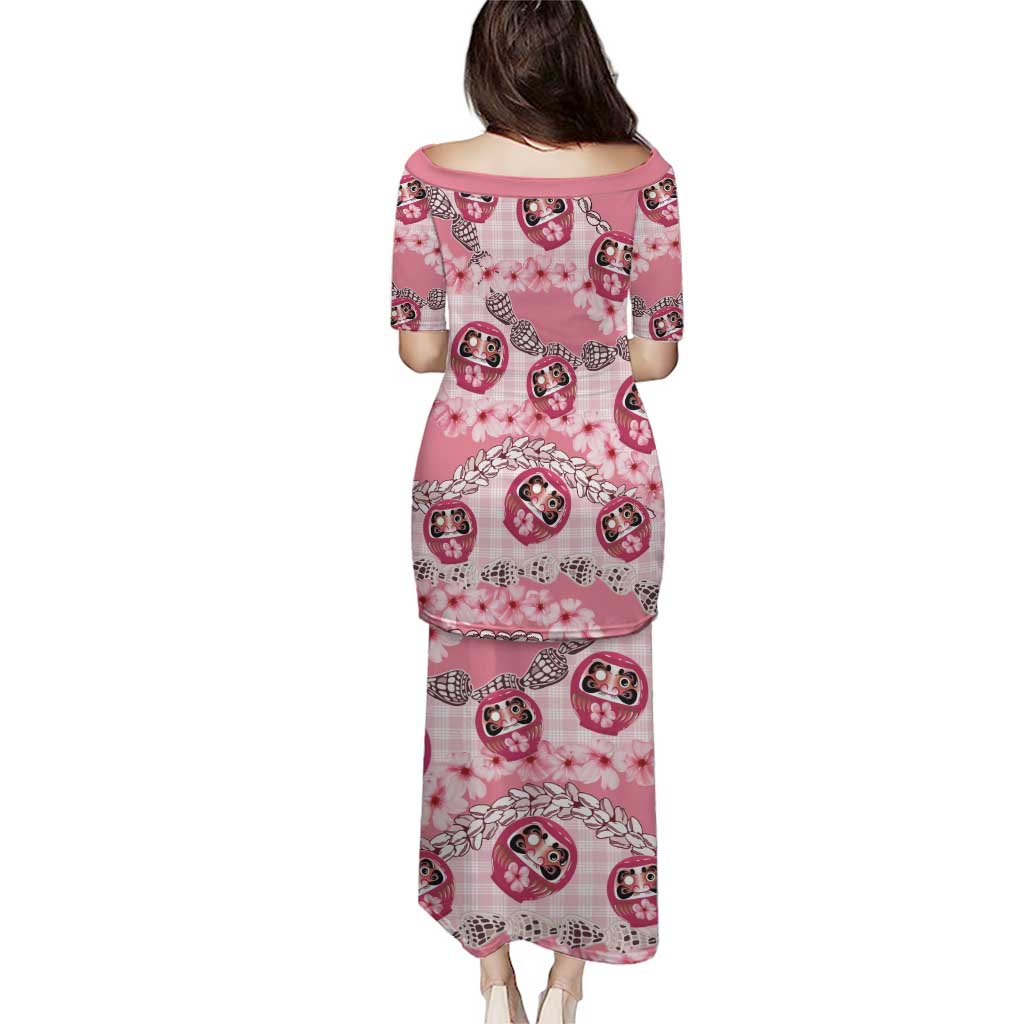 Japanese Daruma Doll Palaka Family Matching Puletasi and Hawaiian Shirt Cherry Blossoms With Shell Lei LT14 - Polynesian Pride