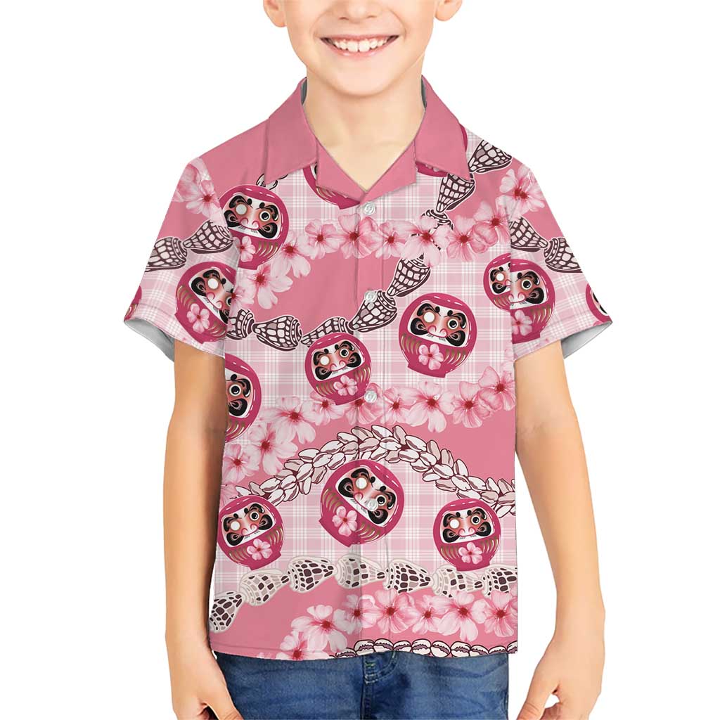 Japanese Daruma Doll Palaka Family Matching Puletasi and Hawaiian Shirt Cherry Blossoms With Shell Lei LT14 Son's Shirt Pink - Polynesian Pride
