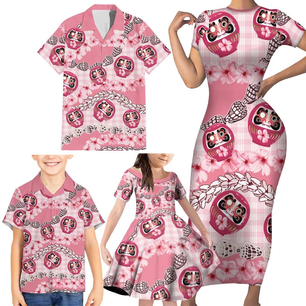 Japanese Daruma Doll Palaka Family Matching Short Sleeve Bodycon Dress and Hawaiian Shirt Cherry Blossoms With Shell Lei - Polynesian Pride