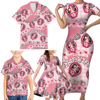 Japanese Daruma Doll Palaka Family Matching Short Sleeve Bodycon Dress and Hawaiian Shirt Cherry Blossoms With Shell Lei - Polynesian Pride