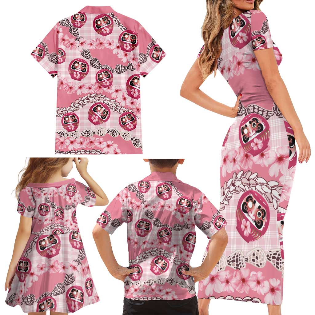 Japanese Daruma Doll Palaka Family Matching Short Sleeve Bodycon Dress and Hawaiian Shirt Cherry Blossoms With Shell Lei - Polynesian Pride