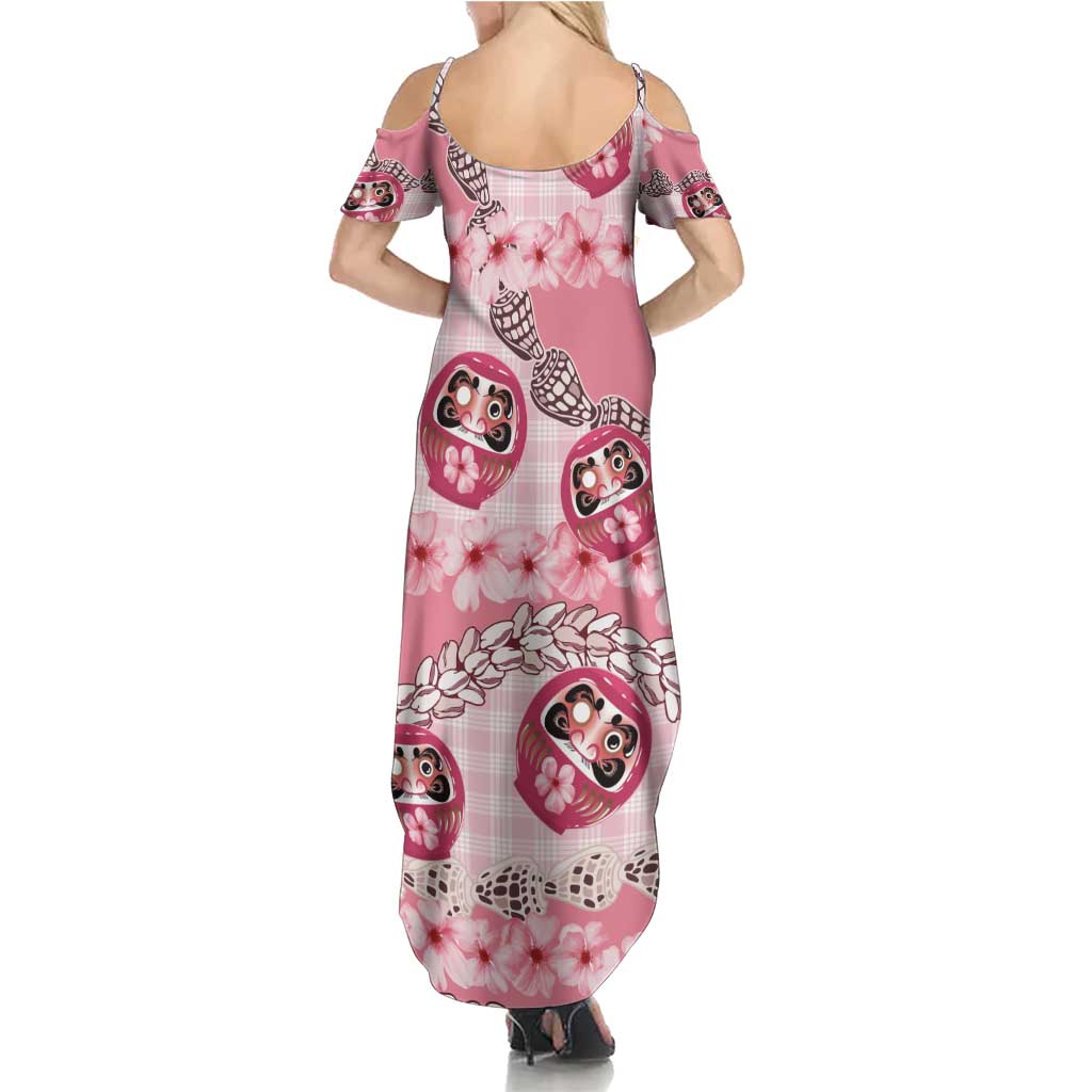 Japanese Daruma Doll Palaka Family Matching Summer Maxi Dress and Hawaiian Shirt Cherry Blossoms With Shell Lei - Polynesian Pride