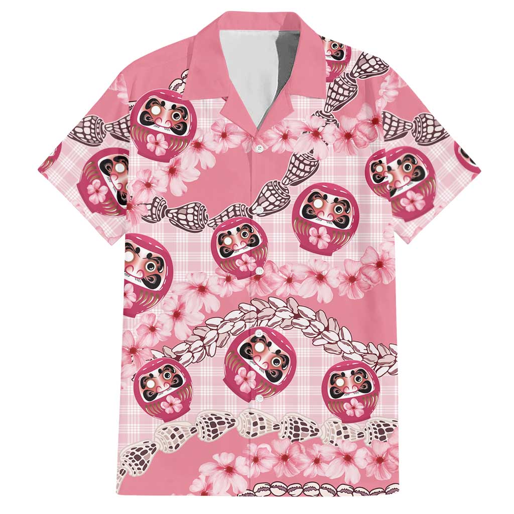 Japanese Daruma Doll Palaka Hawaiian Shirt Cherry Blossoms With Shell Lei LT14 Pink - Polynesian Pride