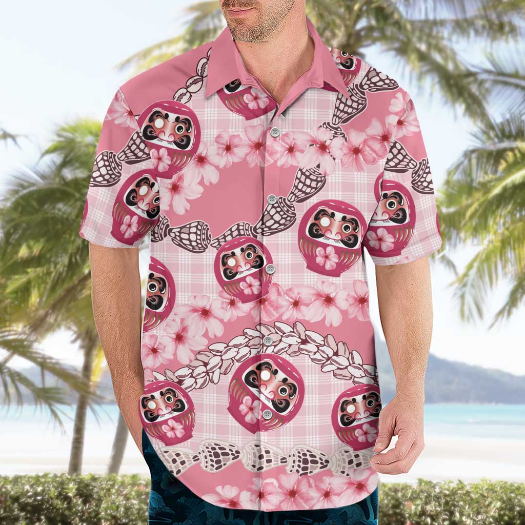 Japanese Daruma Doll Palaka Hawaiian Shirt Cherry Blossoms With Shell Lei LT14 - Polynesian Pride
