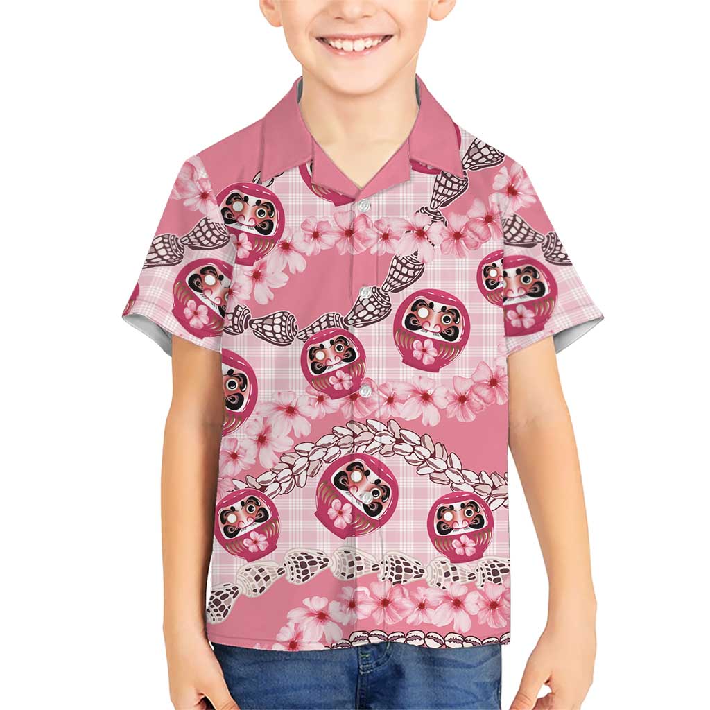 Japanese Daruma Doll Palaka Hawaiian Shirt Cherry Blossoms With Shell Lei LT14 - Polynesian Pride