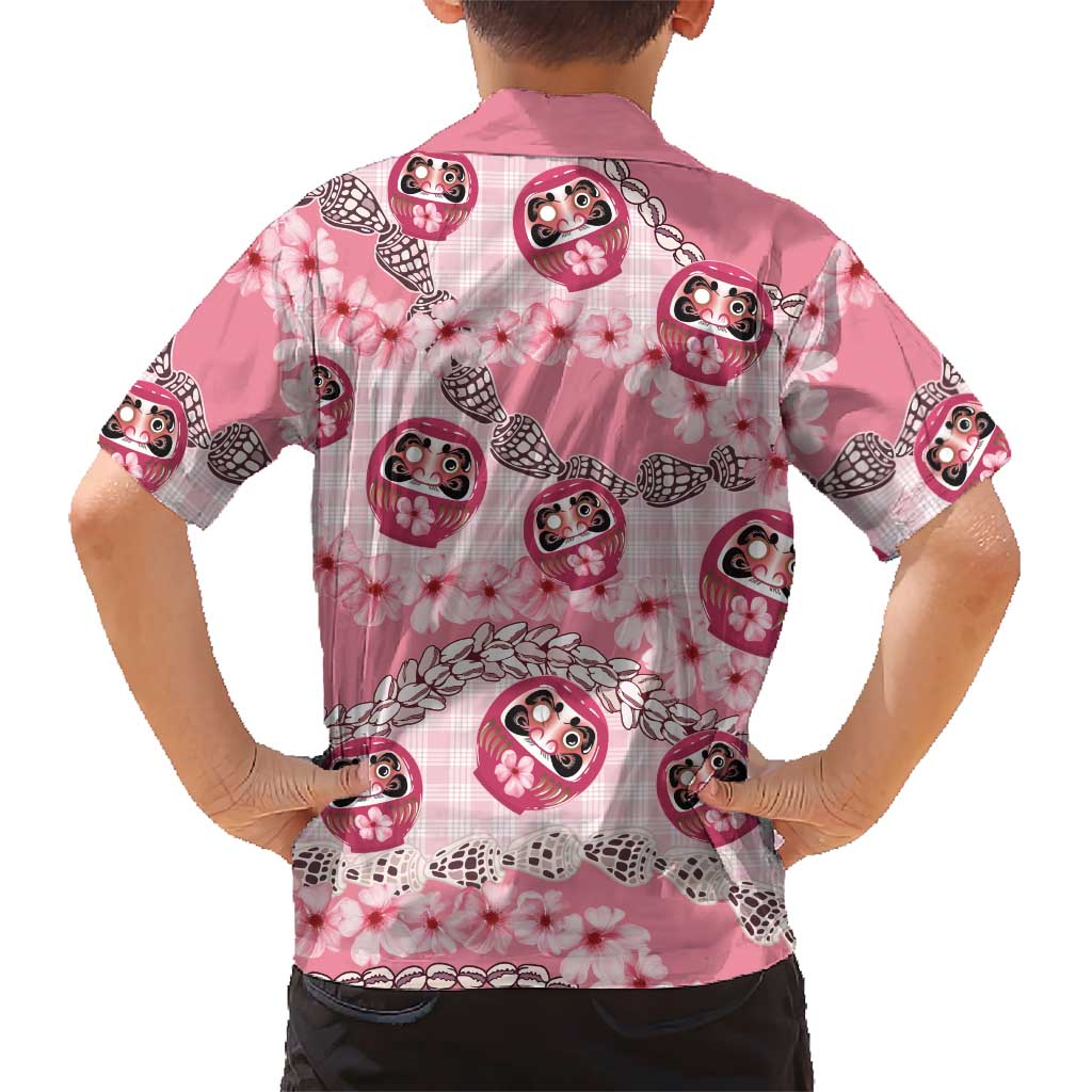 Japanese Daruma Doll Palaka Hawaiian Shirt Cherry Blossoms With Shell Lei LT14 - Polynesian Pride