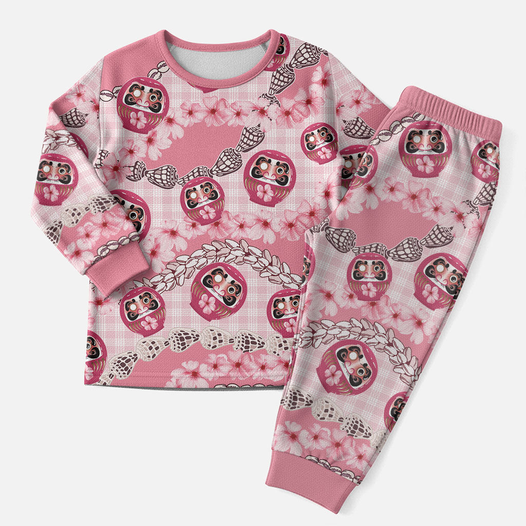 Japanese Daruma Doll Palaka Christmas Pajama Set Cherry Blossoms With Shell Lei LT14 Men Pink - Polynesian Pride
