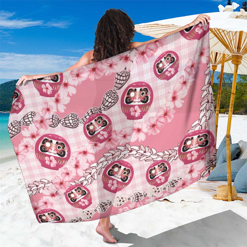 Japanese Daruma Doll Palaka Sarong Cherry Blossoms With Shell Lei - Polynesian Pride