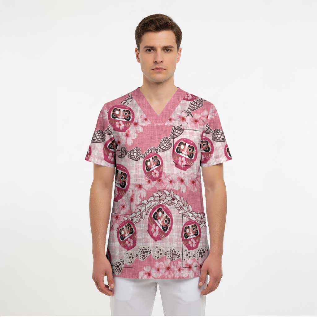 Japanese Daruma Doll Palaka Scrub Top Cherry Blossoms With Shell Lei - Polynesian Pride