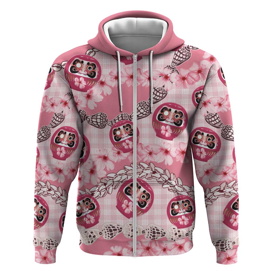 Japanese Daruma Doll Palaka Zip Hoodie Cherry Blossoms With Shell Lei - Polynesian Pride