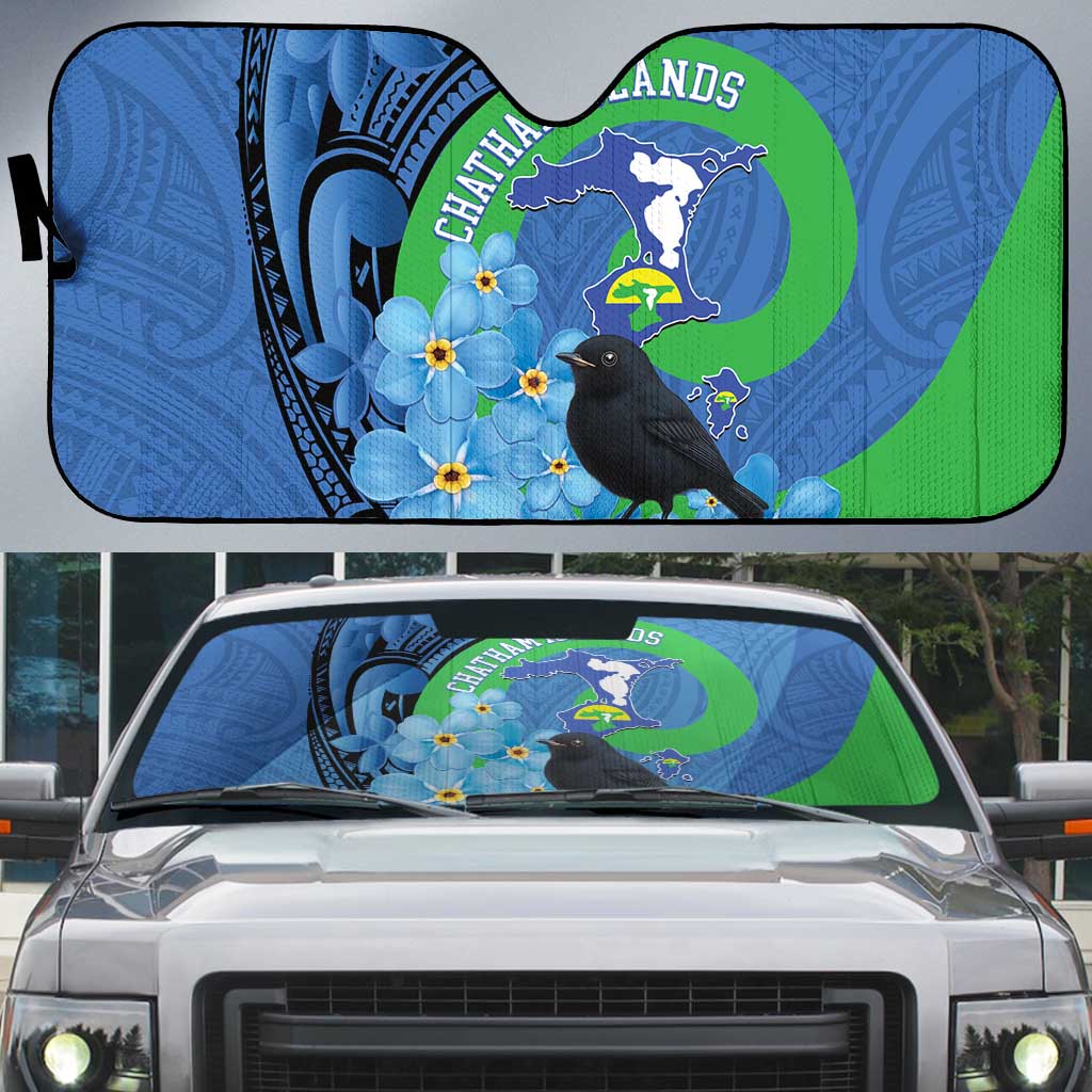 New Zealand Chatham Islands Auto Sun Shade Wharekauri Forget Me Not With Black Robin - Polynesian Pride