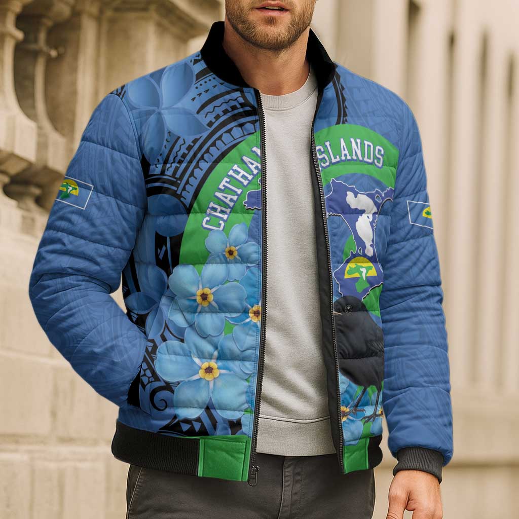 New Zealand Chatham Islands Bomber Puffer Jacket Wharekauri Forget Me Not With Black Robin - Polynesian Pride