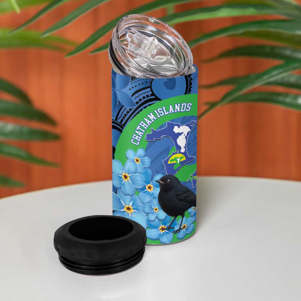 New Zealand Chatham Islands 4 in 1 Can Cooler Tumbler Wharekauri Forget Me Not With Black Robin