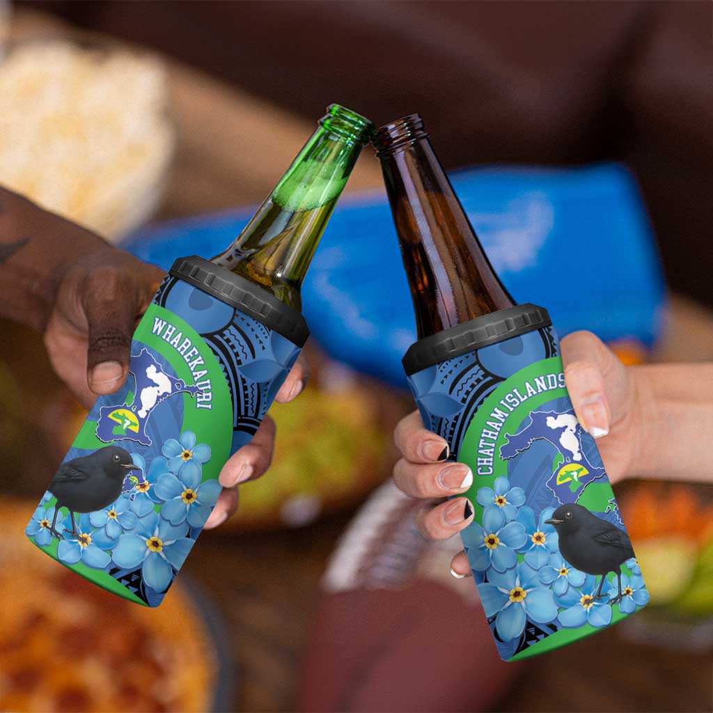 New Zealand Chatham Islands 4 in 1 Can Cooler Tumbler Wharekauri Forget Me Not With Black Robin