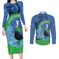 New Zealand Chatham Islands Couples Matching Long Sleeve Bodycon Dress and Long Sleeve Button Shirt Wharekauri Forget Me Not With Black Robin