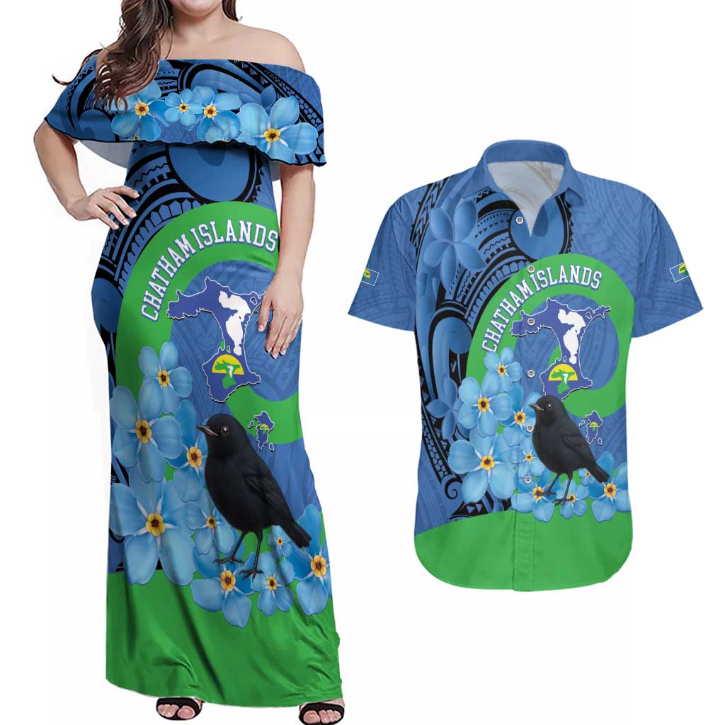 New Zealand Chatham Islands Couples Matching Off Shoulder Maxi Dress and Hawaiian Shirt Wharekauri Forget Me Not With Black Robin