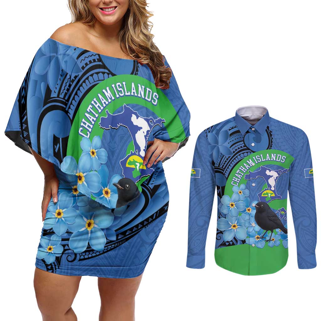New Zealand Chatham Islands Couples Matching Off Shoulder Short Dress and Long Sleeve Button Shirt Wharekauri Forget Me Not With Black Robin LT14 Blue - Polynesian Pride
