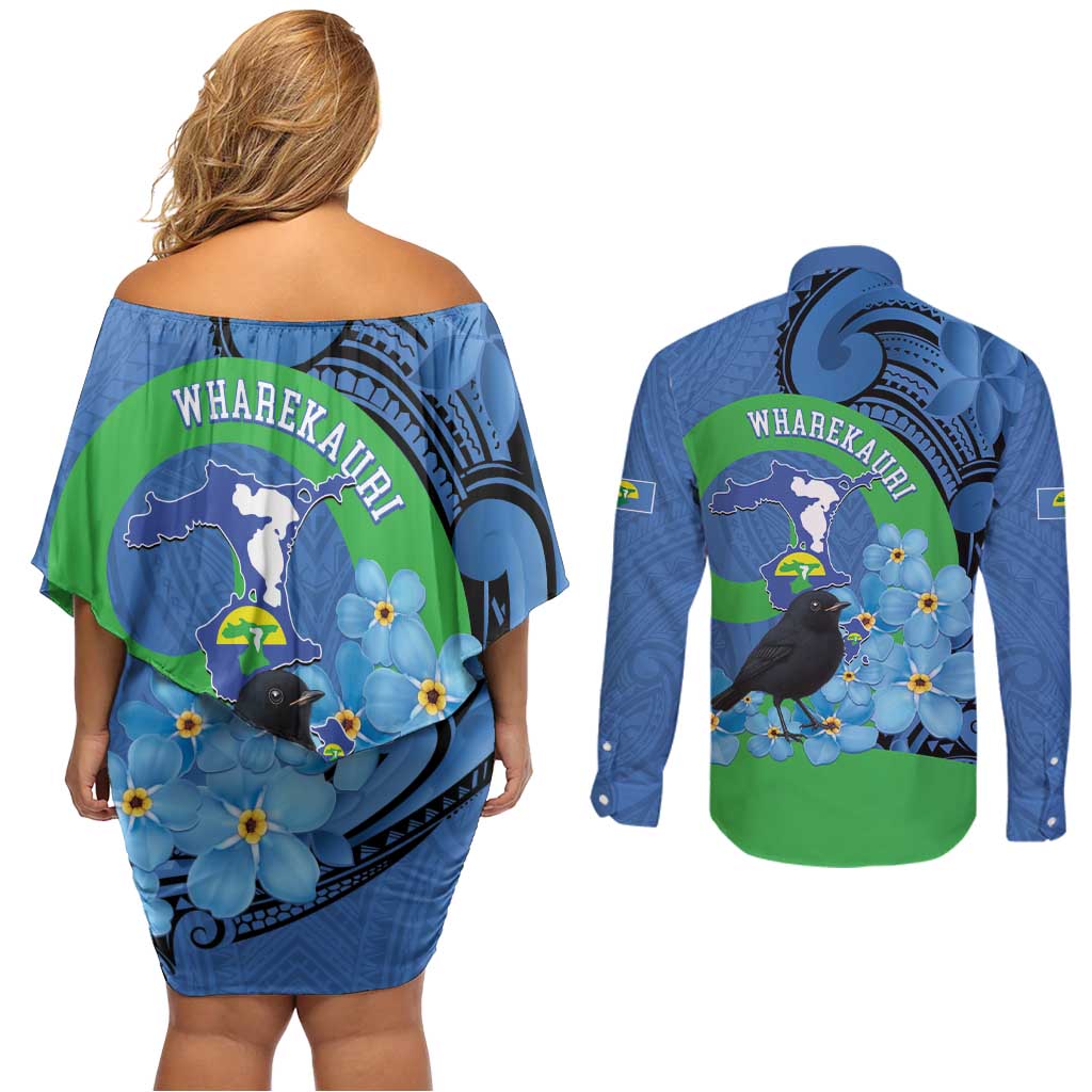 New Zealand Chatham Islands Couples Matching Off Shoulder Short Dress and Long Sleeve Button Shirt Wharekauri Forget Me Not With Black Robin LT14 - Polynesian Pride