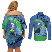 New Zealand Chatham Islands Couples Matching Off Shoulder Short Dress and Long Sleeve Button Shirt Wharekauri Forget Me Not With Black Robin LT14 - Polynesian Pride