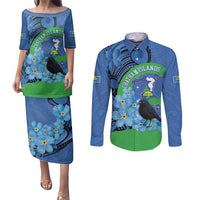 New Zealand Chatham Islands Couples Matching Puletasi and Long Sleeve Button Shirt Wharekauri Forget Me Not With Black Robin
