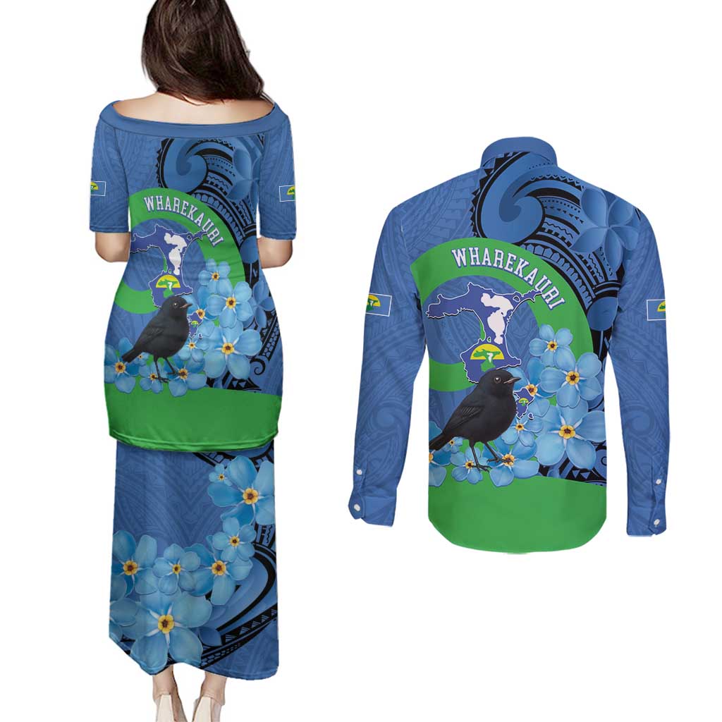 New Zealand Chatham Islands Couples Matching Puletasi and Long Sleeve Button Shirt Wharekauri Forget Me Not With Black Robin