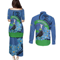 New Zealand Chatham Islands Couples Matching Puletasi and Long Sleeve Button Shirt Wharekauri Forget Me Not With Black Robin