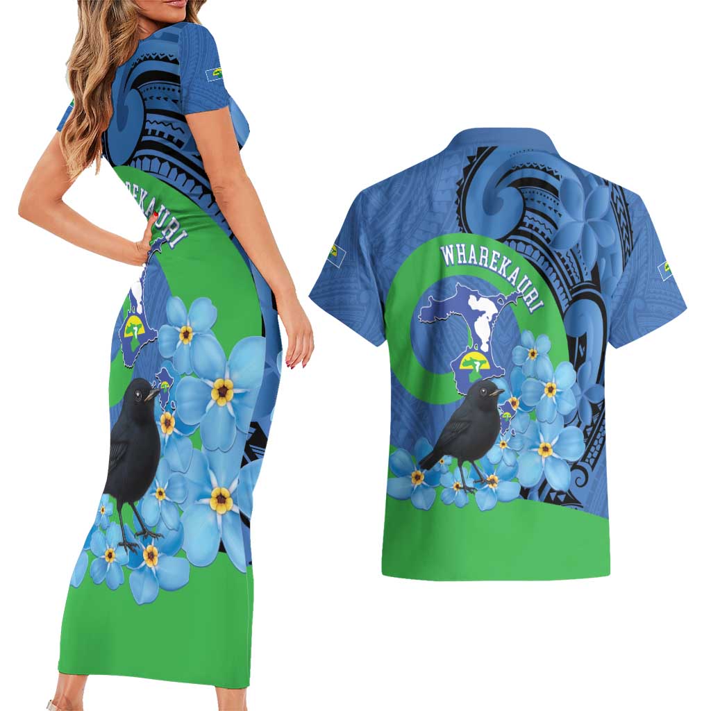 New Zealand Chatham Islands Couples Matching Short Sleeve Bodycon Dress and Hawaiian Shirt Wharekauri Forget Me Not With Black Robin