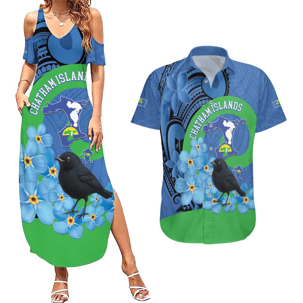 New Zealand Chatham Islands Couples Matching Summer Maxi Dress and Hawaiian Shirt Wharekauri Forget Me Not With Black Robin
