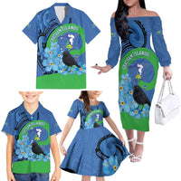 New Zealand Chatham Islands Family Matching Off The Shoulder Long Sleeve Dress and Hawaiian Shirt Wharekauri Forget Me Not With Black Robin