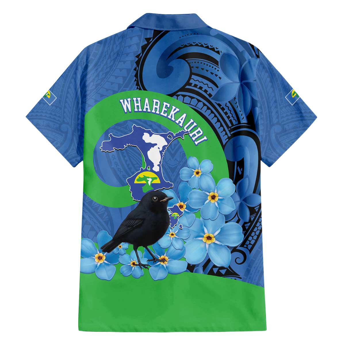 New Zealand Chatham Islands Family Matching Off The Shoulder Long Sleeve Dress and Hawaiian Shirt Wharekauri Forget Me Not With Black Robin