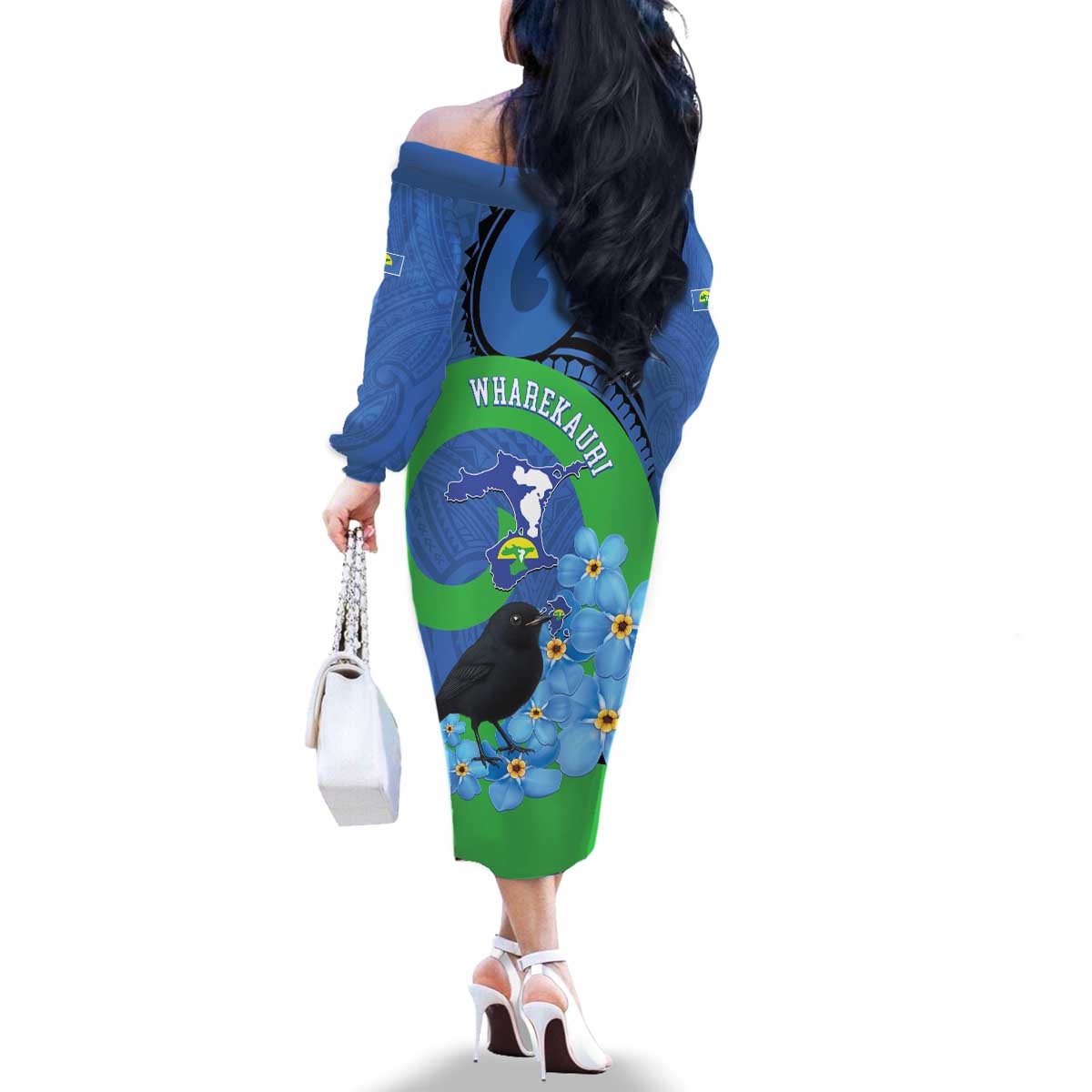 New Zealand Chatham Islands Family Matching Off The Shoulder Long Sleeve Dress and Hawaiian Shirt Wharekauri Forget Me Not With Black Robin