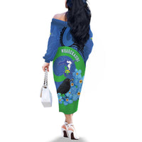 New Zealand Chatham Islands Family Matching Off The Shoulder Long Sleeve Dress and Hawaiian Shirt Wharekauri Forget Me Not With Black Robin